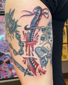 Ezra Coates Brass Eagle Tattoo Peoria Traditional Dagger