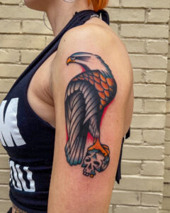Ezra Coates Brass Eagle Tattoo Peoria Traditional Eagle and Skull