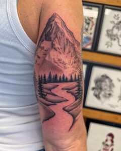 Sam Lott Brass Eagle Tattoo Peoria Fine Line Mountain Scene