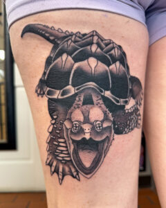 Sam Lott Brass Eagle Tattoo Peoria Black and Grey Snapping Turtle