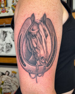 Sam Lott Brass Eagle Tattoo Peoria Black and Grey Horse and Horseshoe