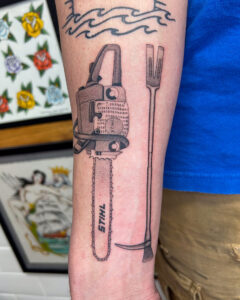 Sam Lott Brass Eagle Tattoo Peoria Fine Line Chainsaw