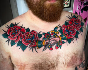Terry Lessard Brass Eagle Tattoo Traditional Rose Chest Piece
