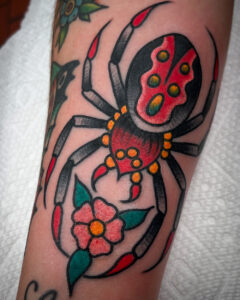 Terry Lessard Brass Eagle Tattoo Traditional Spider and Flower