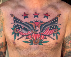Zach Dole Brass Eagle Tattoo Peoria Traditional Eagle on Chest