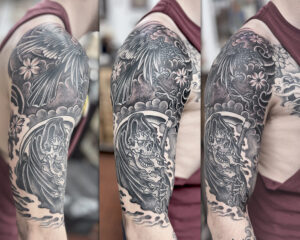 Zach Dole Brass Eagle Tattoo Peoria Black and Grey Reaper and Crow