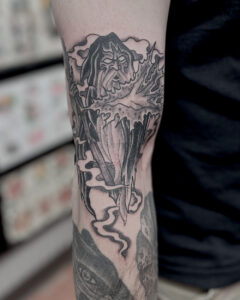 Zach Dole Brass Eagle Tattoo Peoria Black and Grey Wizard
