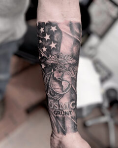 Zach Dole Brass Eagle Tattoo Peoria Black and Grey Realistic USMC and FLag
