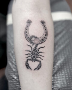 Zach Dole Brass Eagle Tattoo Peoria Realistic Scorpion and Horseshoe