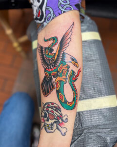 Zach Dole Brass Eagle Tattoo Peoria Traditional Eagle and Snake