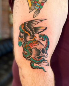 Zach Dole Brass Eagle Tattoo Peoria Traditional Eagle, Skull, and Snake