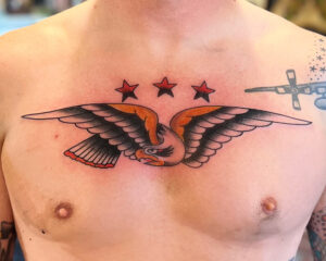 Zach Dole Brass Eagle Tattoo Peoria Traditional Eagle on Chest